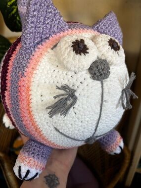 Handmade Crochet Plush Cat - White & Purple Soft Stuffed Animal